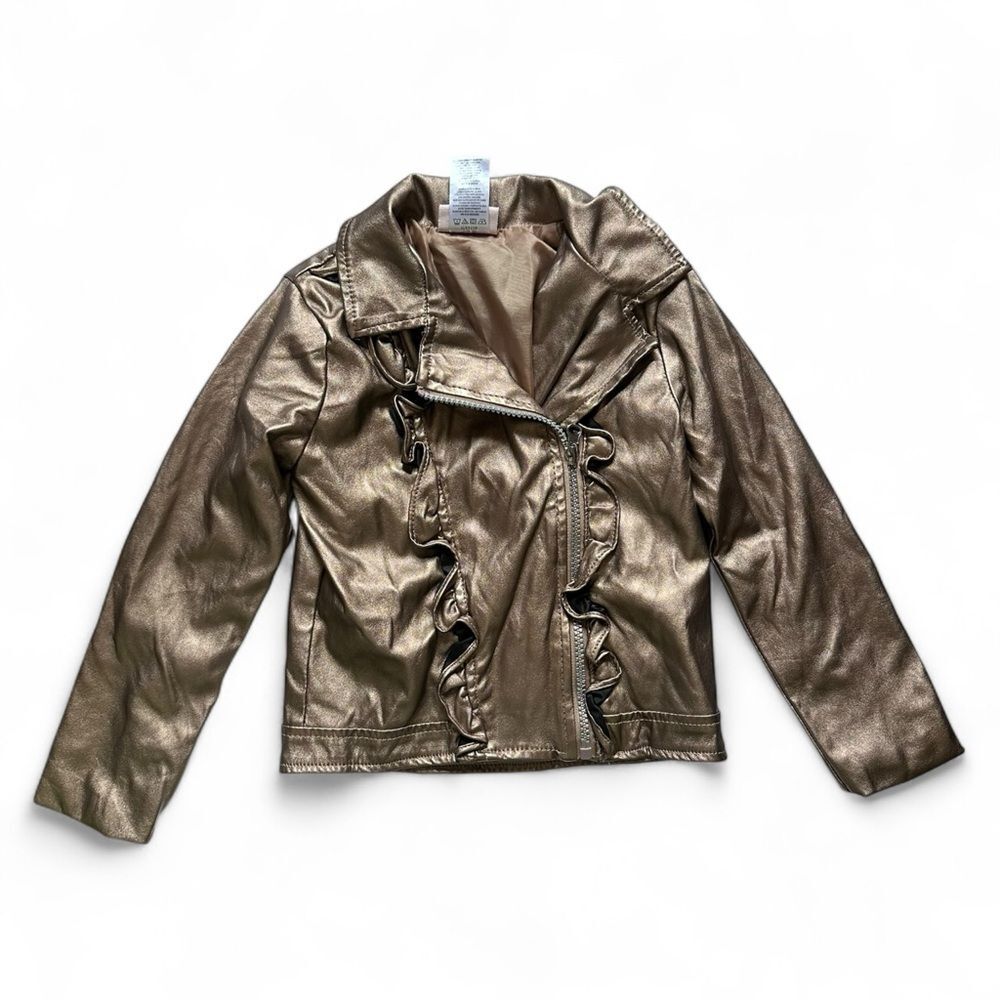 Little Lass Gold Metallic Faux Leather Moto Jacket Size 4T